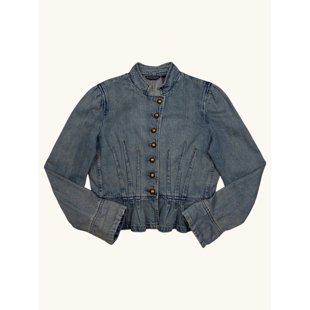 Boston Proper Denim Military Jacket Blue Button Front Peplum Puff Sleeve Medium